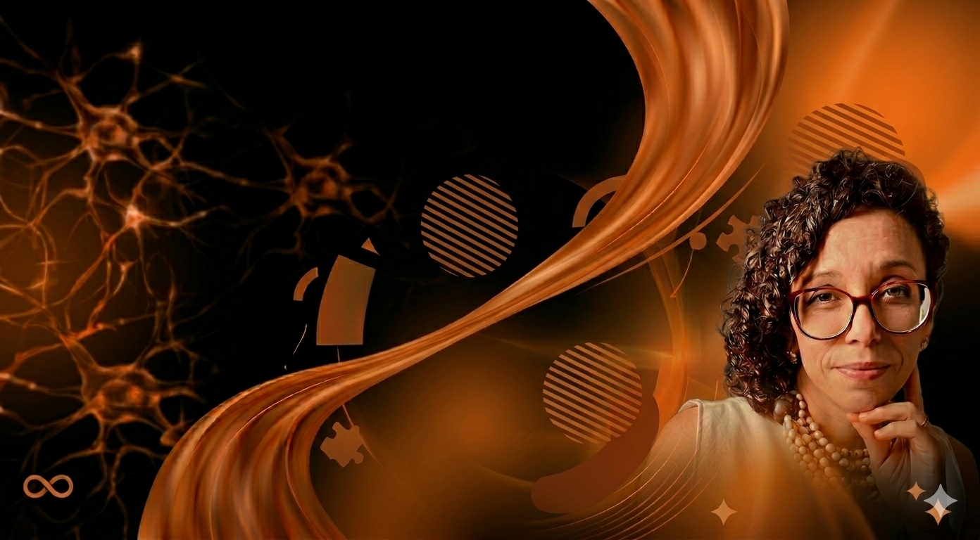 Banner da Jornada com arte abstrata em tons de laranja e retrato da mentora